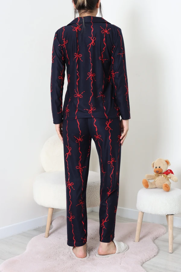 Süet Düğmeli Pijama Takımı Lacivertkırmızı 7
