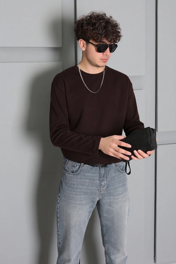 Erkek Acıkahve 2 İplik Penye Uzun Kollu Sweatshirt