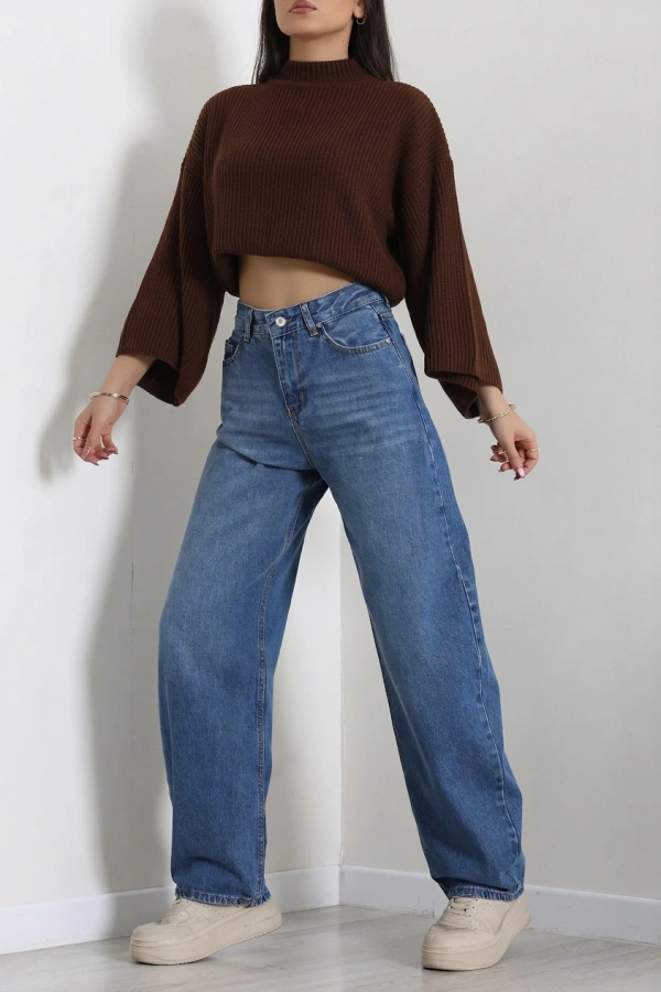 Kadın Mavi Baggy Fit Yüksek Bel Bol Paça Kot Pantolon 6