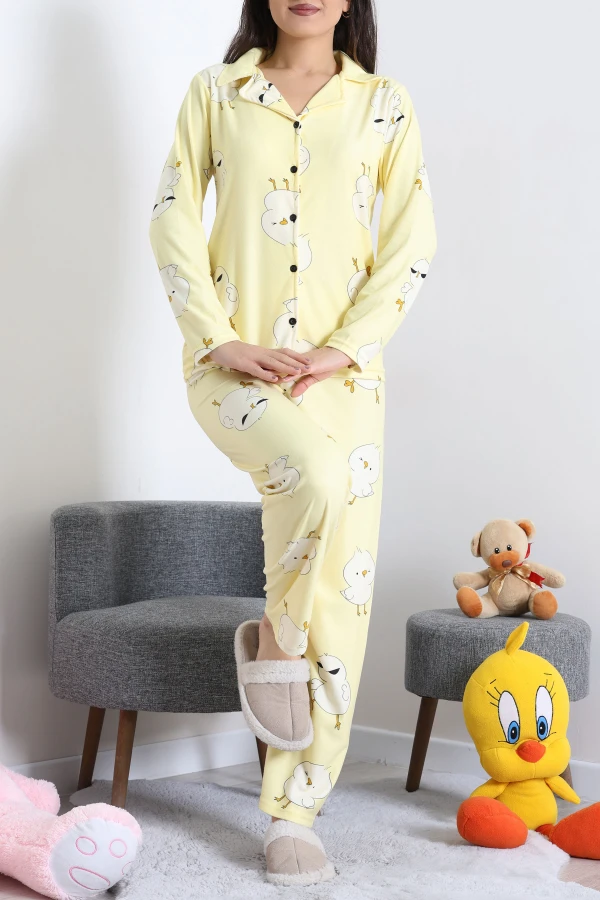 Süet Düğmeli Pijama Takımı Sarı 4