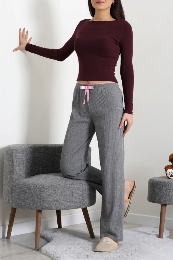Kadın Füme Ribana Pijama Altı Rahat Kalıp Pamuklu 6