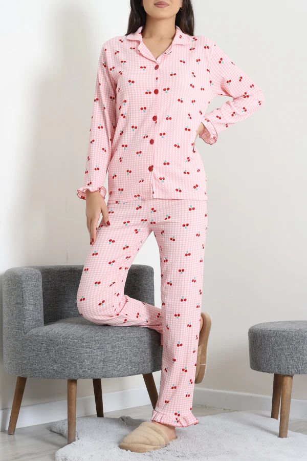 Bürümcük Düğmeli Pijama Takımı Somonbeyaz 4
