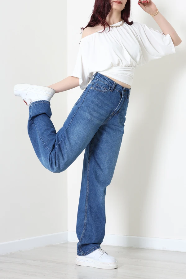 Kadın Mavi Baggy Fit Yüksek Bel Kot Pantolon 5