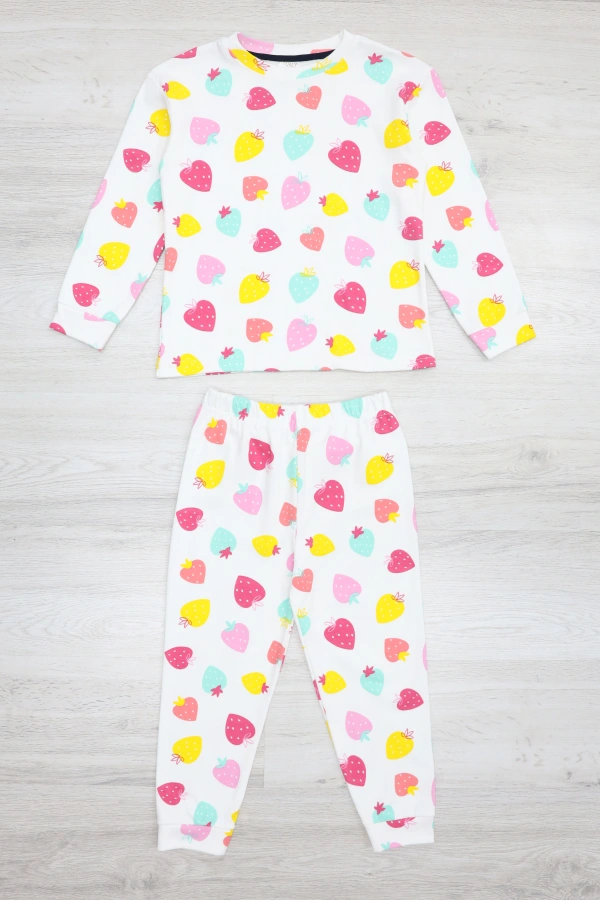 Çocuk Beyazpembe Pamuklu Rahat Kalıp Kız Pijama Takımı 5