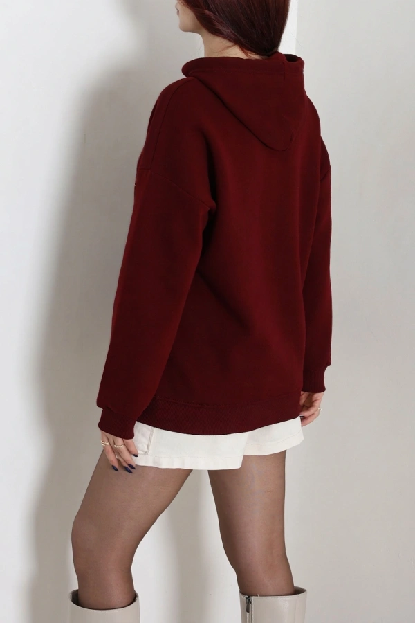 Kadın Bordo Üç İplik Baskılı Kapüşonlu Sweat 8