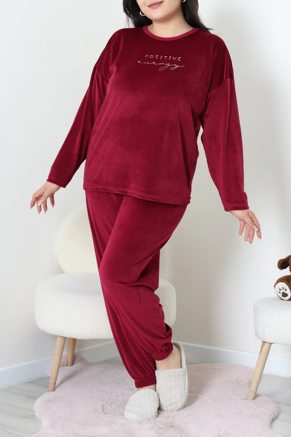 Fransız Kadife Büyük Beden Pijama Takımı Bordo 2