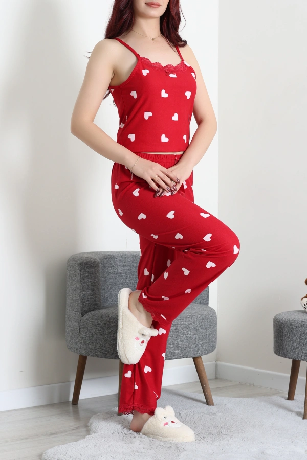 Kadın Kırmızı Beyaz Süet 3'lü Pijama Takımı 4