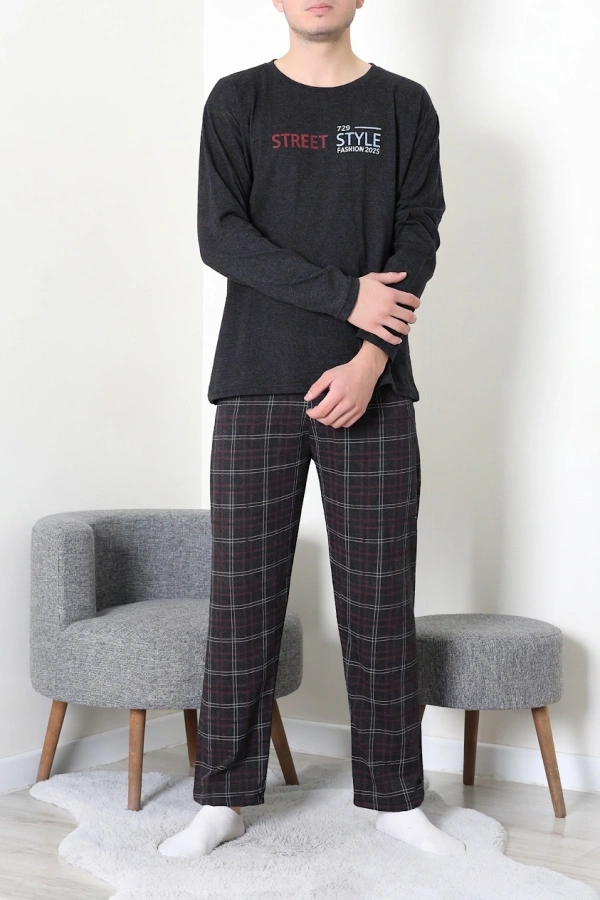 Erkek Siyah Bordo Ekose Bisiklet Yaka Uzun Kol Cepli Pijama Takımı 4