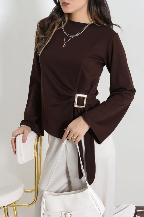 Toka Detaylı Kimono Kol Modal Bluz Acıkahve 3