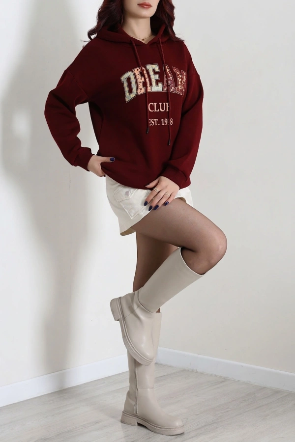 Kadın Bordo Üç İplik Baskılı Kapüşonlu Sweat 4