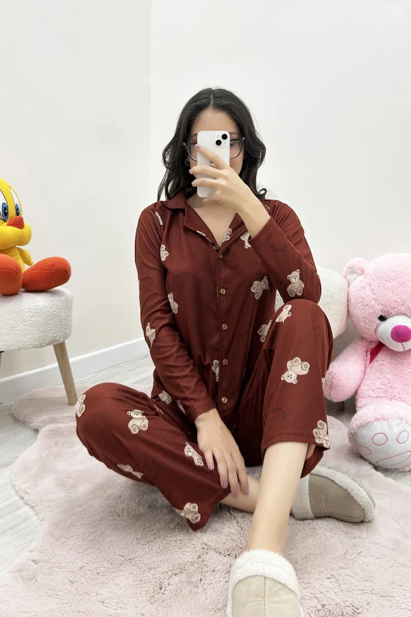Süet Düğmeli Pijama Takımı Kiremit 7
