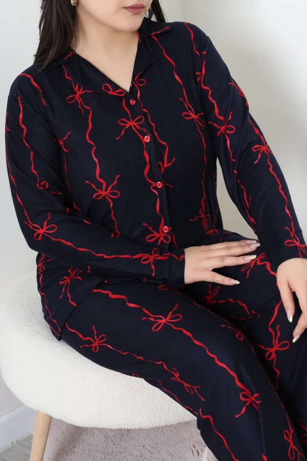 Kadın Lacivert Süet Büyük Beden Düğmeli Pijama Takımı 3
