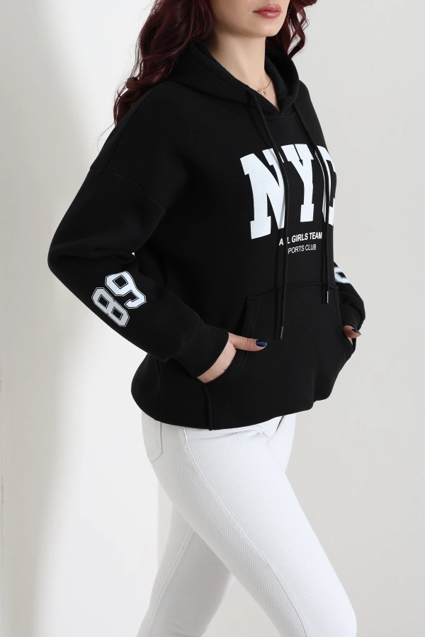 Kadın Siyah Kapüşonlu Baskılı Oversize Sweat 3