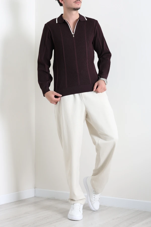 Çizgili Polo Yaka Erkek Triko Sweat Mürdüm 4
