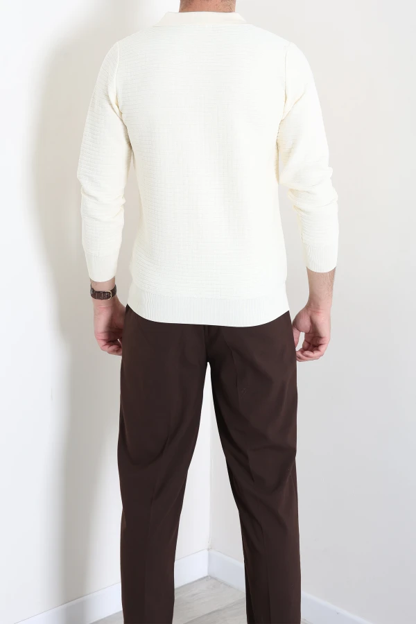 Düğmeli Polo Yaka Erkek Triko Sweat Krem 8
