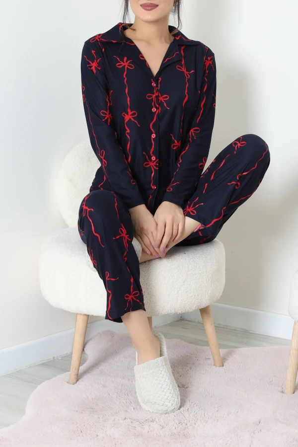 Süet Düğmeli Pijama Takımı Lacivertkırmızı 6
