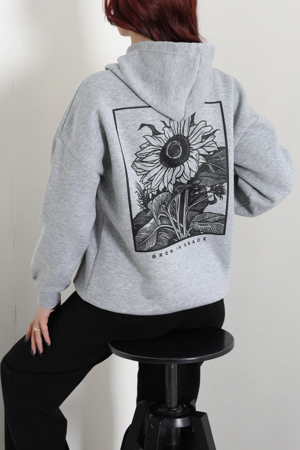 Kadın Gri Kapüşonlu Baskılı Oversize Sweat Tunik 5