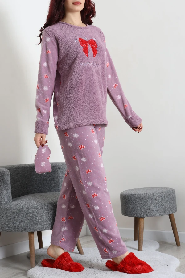 Kadın Koyu Lila Welsoft Pijama Takımı Uzun Kollu Rahat Kalıp 3