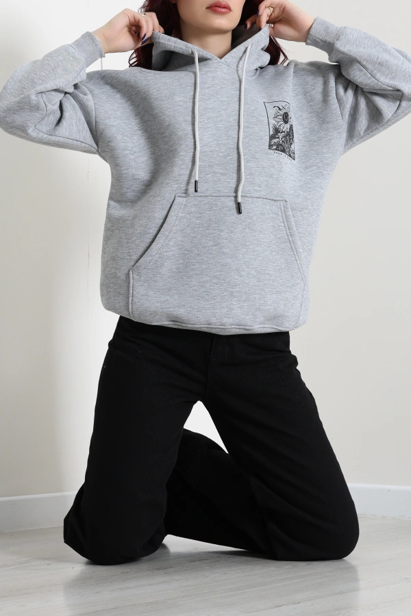 Kadın Gri Kapüşonlu Baskılı Oversize Sweat Tunik 6