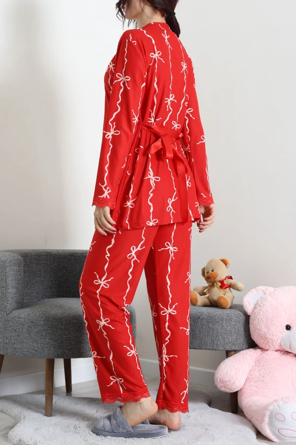 Süet 3'Lü Pijama Set Kırmızı 8