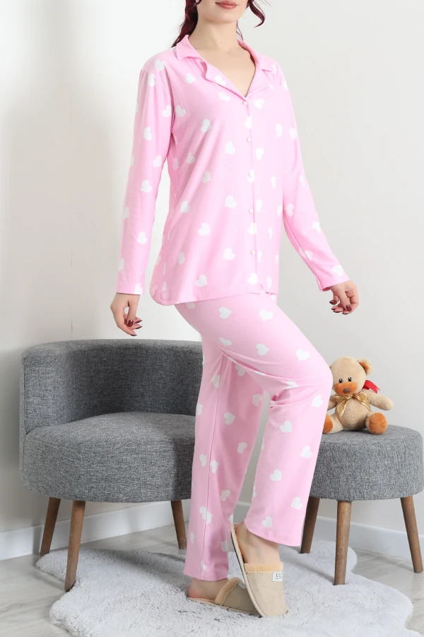 Kadın Pembe Kalpli Süet Düğmeli Pijama Takımı 5