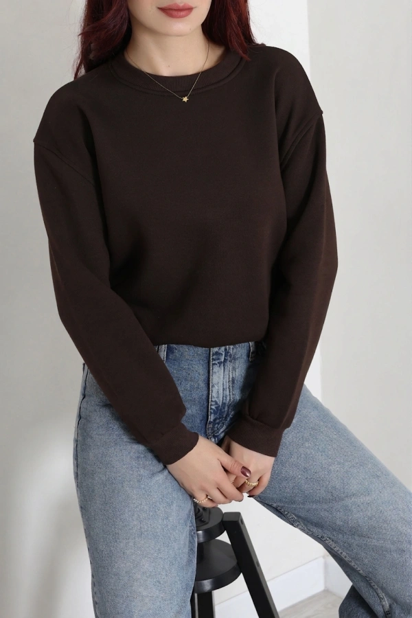 Kadın Kahve 3 İplik Bisiklet Yaka Şardonlu Sweatshirt 3