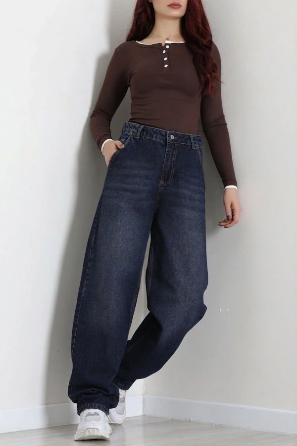 Kadın Lacivert Yüksek Bel Baggy Fit Bol Kesim Kot Pantolon 3