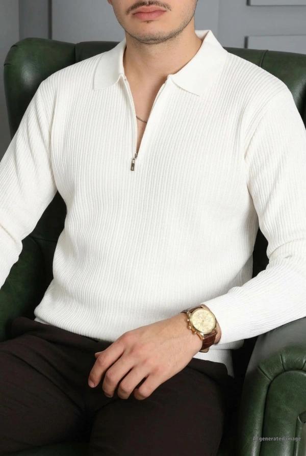 Fermuarlı Polo Yaka Erkek Triko Sweat Beyaz