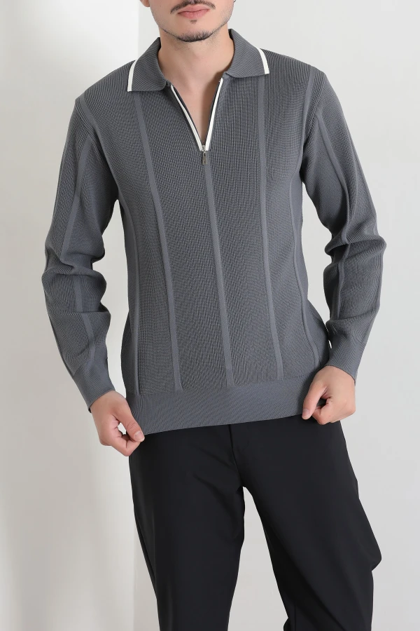 Çizgili Polo Yaka Erkek Triko Sweat Antrasit 5