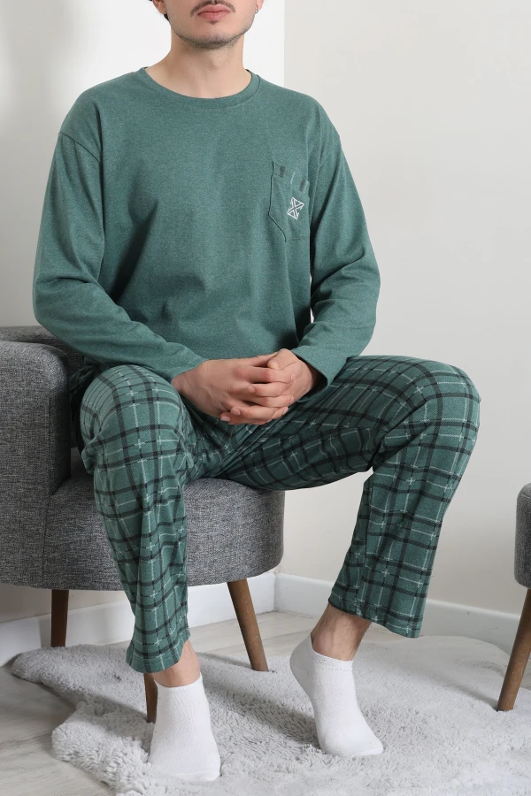 Erkek Yeşil Ekose Süprem Uzun Kol Cepli Bisiklet Yaka Pijama Takımı 3