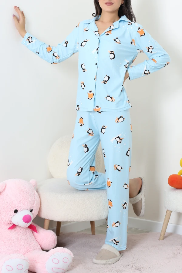 Süet Düğmeli Pijama Takımı Açıkmavi 4