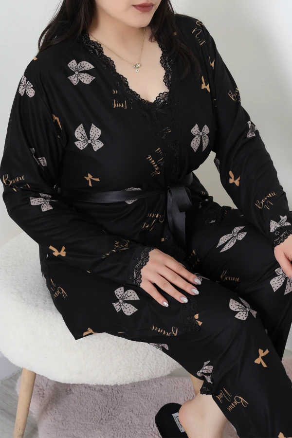 Kadın Siyah Bej Süet Büyük Beden 3'lü Pijama Takımı Seti 7