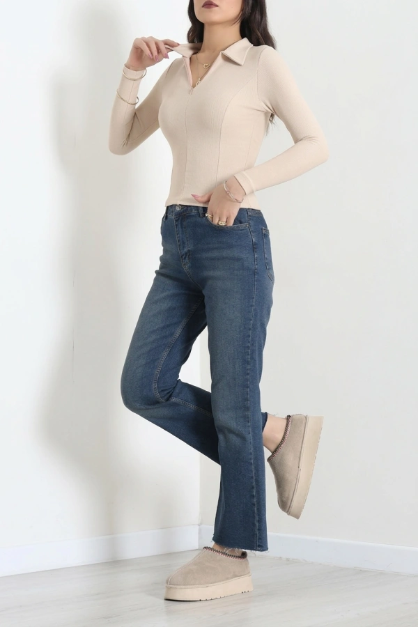 Polo Yaka Fermuarlı Body Bej 2