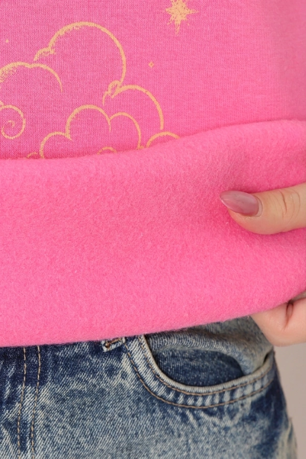 Kadın Pembe Üç İplik Kapüşonlu Baskılı Rahat Kalıp Sweat 7