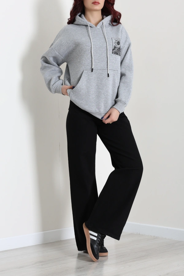 Kadın Gri Kapüşonlu Baskılı Oversize Sweat Tunik 4