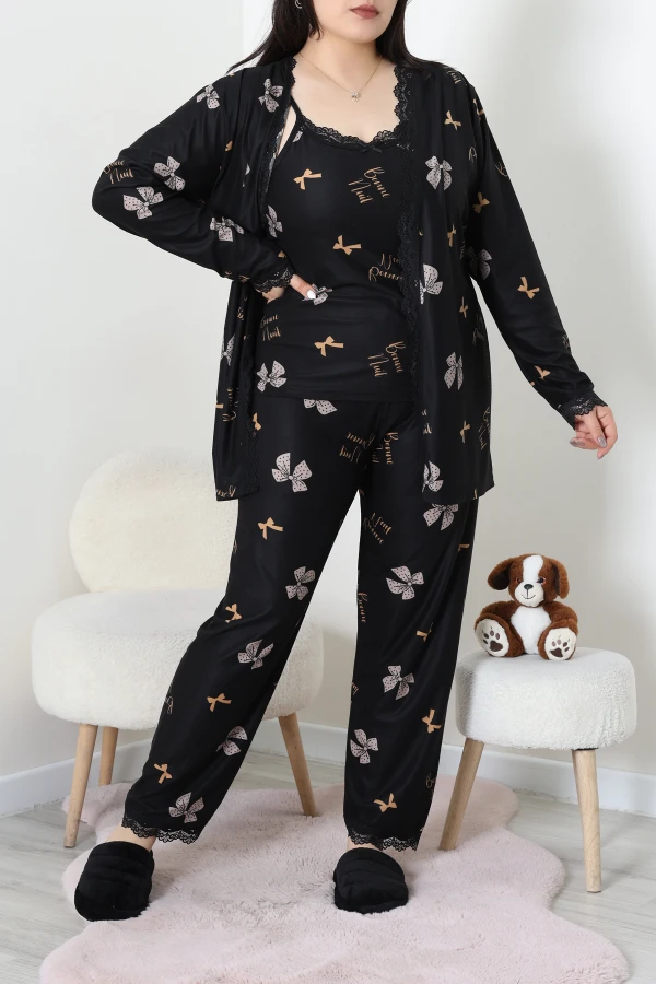 Kadın Siyah Bej Süet Büyük Beden 3'lü Pijama Takımı Seti 5