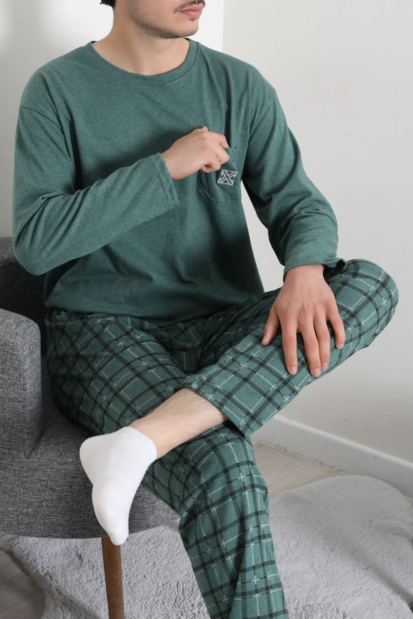 Erkek Yeşil Ekose Süprem Uzun Kol Cepli Bisiklet Yaka Pijama Takımı