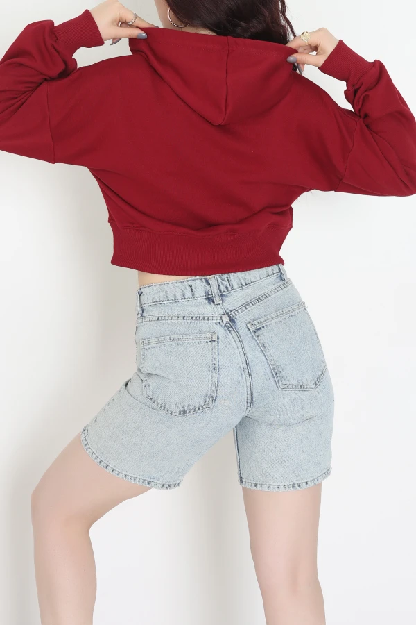 3 İplik Şardonsuz Balon Kol Crop Sweat Bordo 7