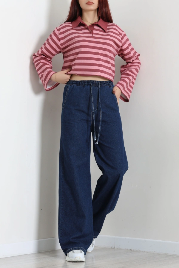 Kadın Koyu Mavi Beli Lastikli Bol Paça Kot Pantolon 4