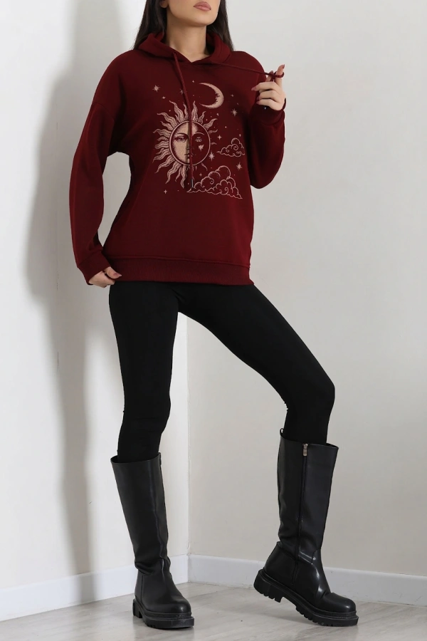 Kadın Bordo Üç İplik Kapüşonlu Baskılı Sweat Tunik 6