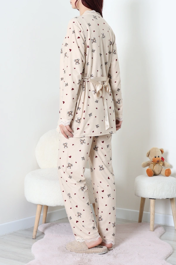 Süet 3'Lü Pijama Set Vizon 7