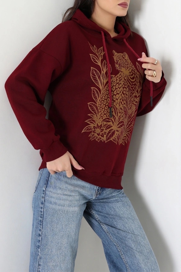 Kadın Bordo Üç İplik Kapüşonlu Baskılı Sweat Tunik 5