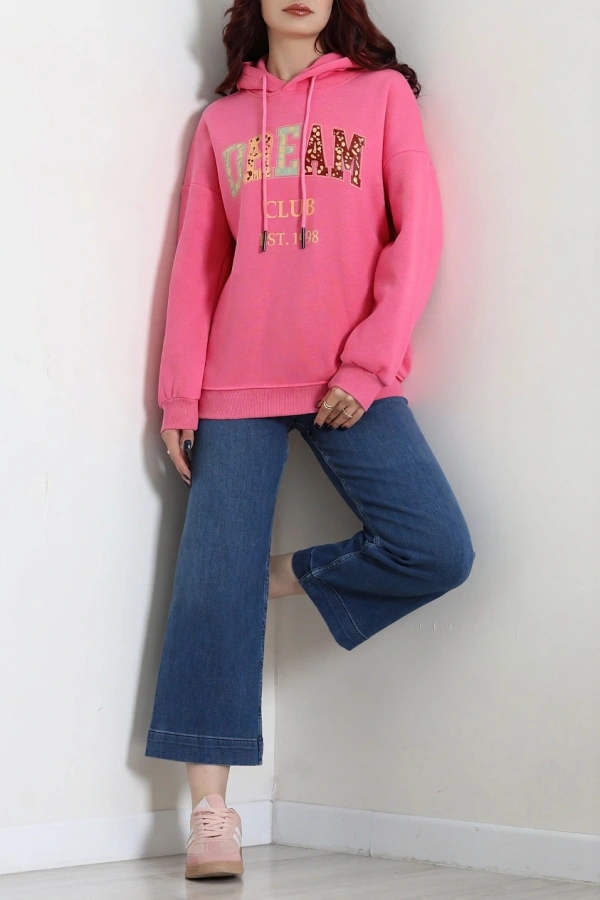 Kadın Pembe Üç İplik Baskılı Kapüşonlu Sweat 4