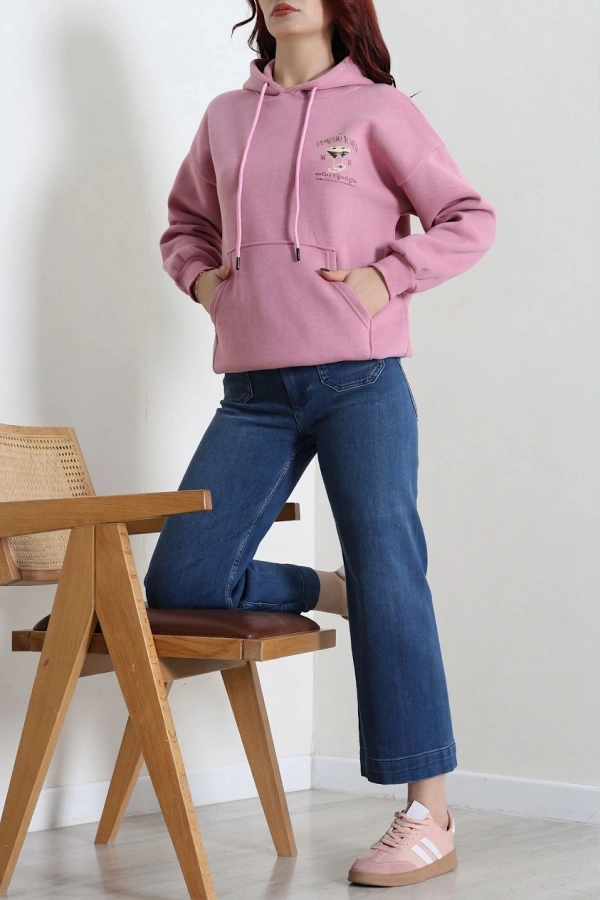 Kadın Pembe Üç İplik Kapüşonlu Baskılı Sweat Tunik 2