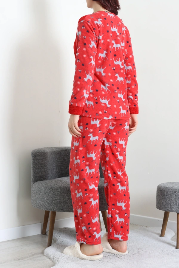 Kadın Kırmızı Welsoft Pijama Takımı Kışlık Rahat Fitilli 7