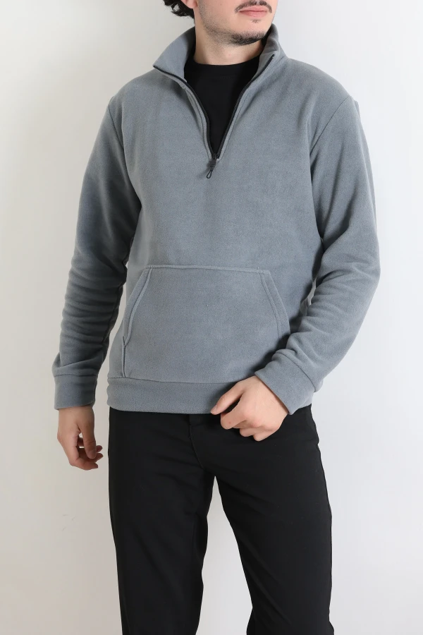 Yarım Fermuar Kanguru Cepli Erkek Polar Sweat  Füme