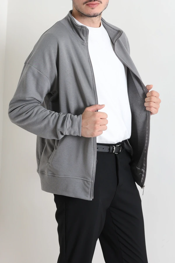 3 İplik Şardonsuz Dik Yaka Fermuarlı Erkek Sweat Boyalıgri 4