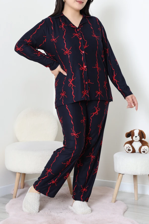 Kadın Lacivert Süet Büyük Beden Düğmeli Pijama Takımı