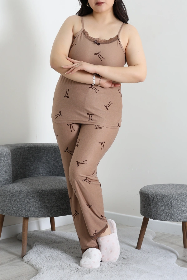 Kadın Vizon Süet 3'lü Büyük Beden Pijama Takımı 2