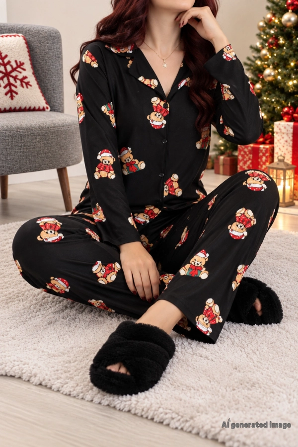 Kadın Siyah Kırmızı Süet Düğmeli Pijama Takımı